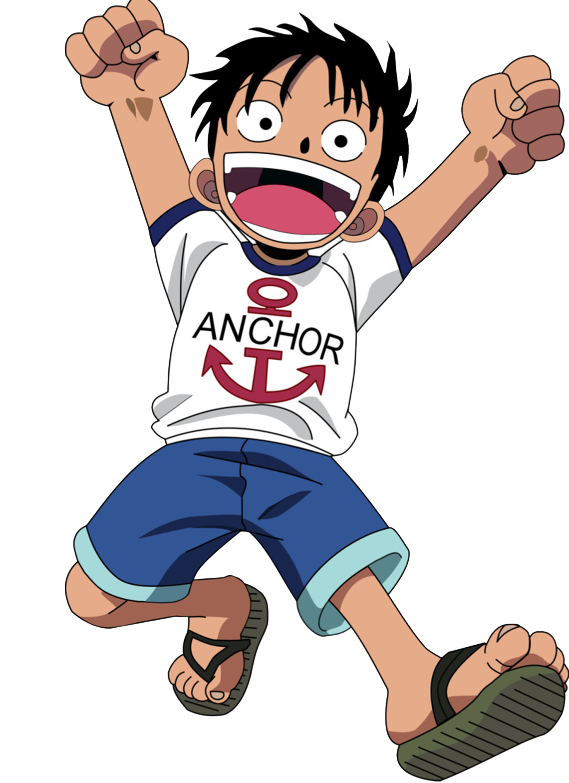 Straw Hat Luffy, the lead protagonist of the anime One Piece, is jumping in the air as a child smiling